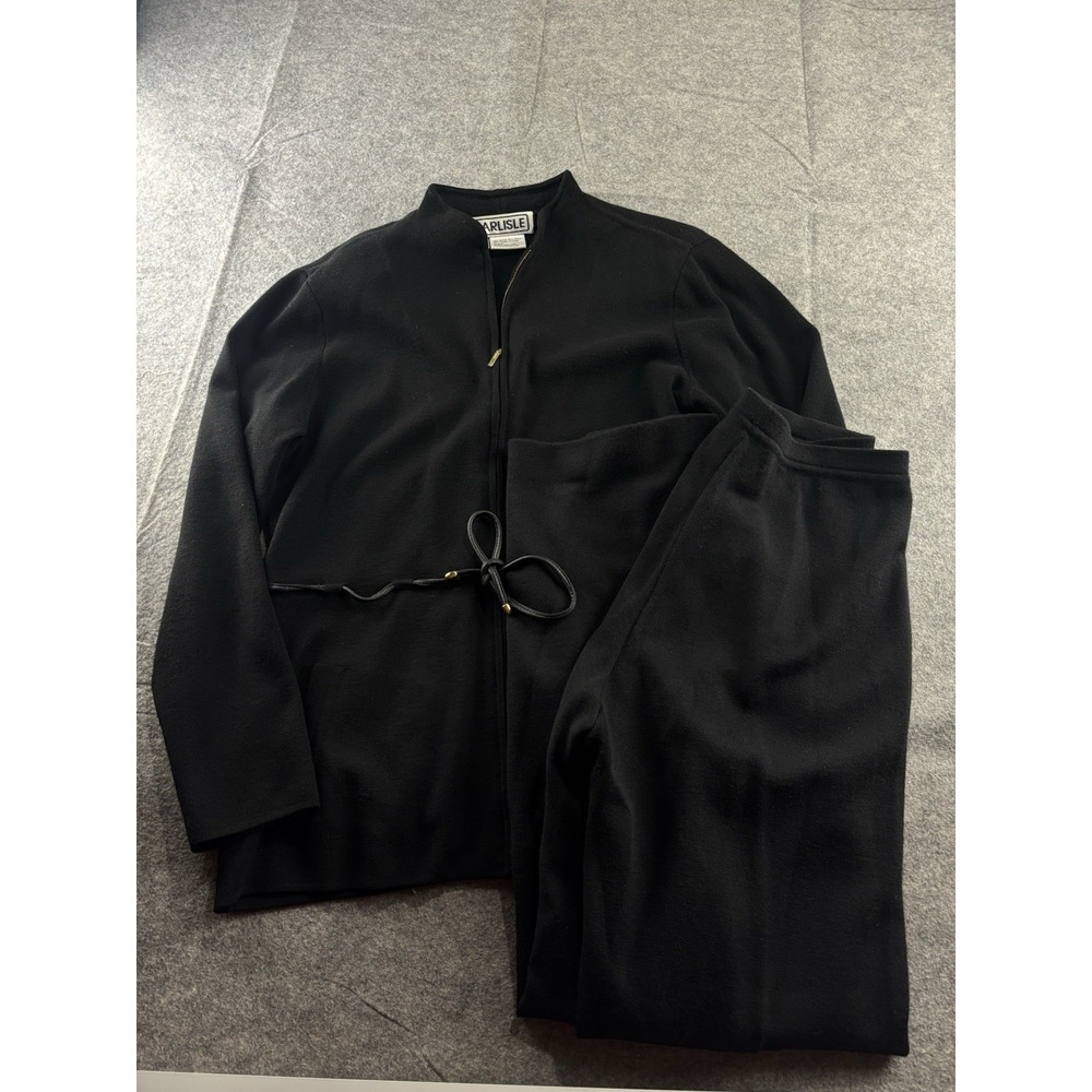 Carlisle Women's M Wool Black 2 Pc Set Pants Jacket Knit Athleisure Quiet Luxury